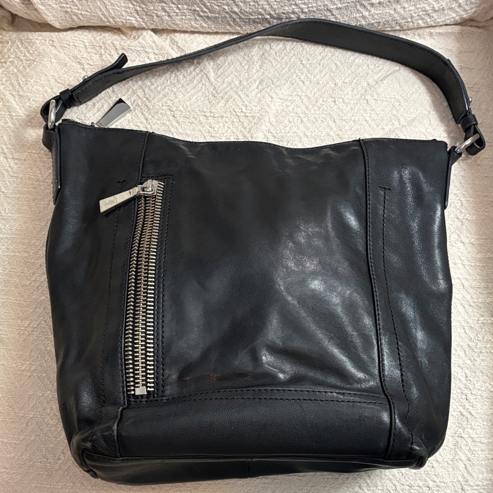 Frye Black Leather Shoulder Bag with Silver Zipper and zipper Accent on front